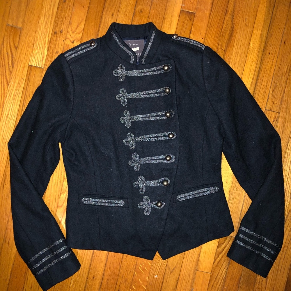 F21 Black Military Style Embellished Jacket Coat M